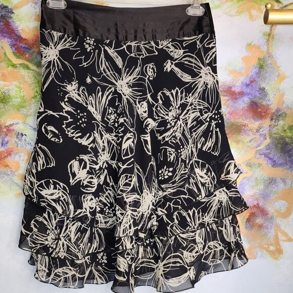 Jacqui E Black & Beige Floral Skirt With Tiered Ruffle Hem - Picture 4 of 7